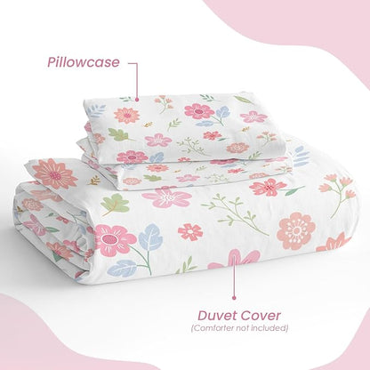 SANDJEST Floral Duvet Cover Sets Full Size for Kids Girls, Incude 1 Polyester Comforter Cover 80x90 Inches and 2 Pillowcases 20x26 Inches, Comforter Not Included, Gift for Christmas Birthday