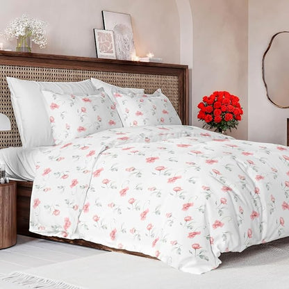 Duvet Cover King Size Set - Extra Soft Floral Duvet Cover 104 x 90 with 2 Pillow Shams - Comfy, Breathable Floral Bedding Set - Hotel Luxury Easy-Care & Fade Free with Zipper Closures & Ties - Rosebud