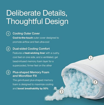 Coop Home Goods Cool+ Crescent Adjustable Pillow, Queen Size Plus Shaped Memory Foam Pillows with Cooling Gel, Neck Support, Back or Side Sleeper Pillow, CertiPUR US/GREENGUARD Gold