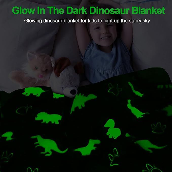 TEHALK Dinosaur Glow in The Dark Blanket for Kids, Toddler Blanket for Boys, Dinosaur Gifts for Boys/Kids, Soft Fleece Blanket Throw, Birthday Gifts 40"x60"