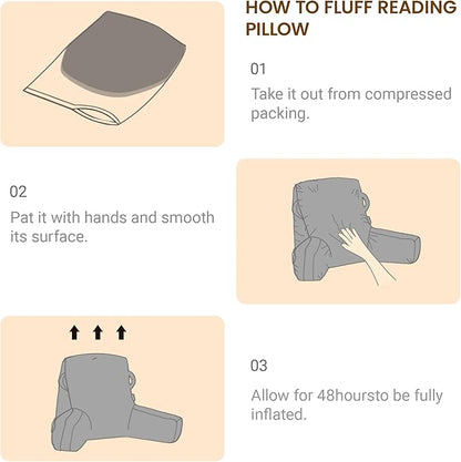 Portable Comfy Reading Pillows for Bed Sitting Up(Grey Oeko-Tex), Velvet Back Pillow with Arms & Pockets for Adults, Support Memory Foam Bed Pillow for Dorm/Reading/Watching/Gaming