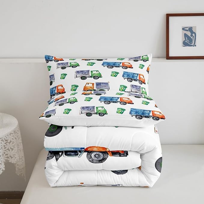 Erosebridal Cartoon Garbage Truck Bedding Set - Green Trash Truck Comforter, Duvet Set for Kids Boys Girls Toddler - 3 Pieces