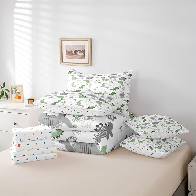 Feelyou Cute Dinosaur 7 Piece Bedding Set Green Grey Dinosaur Comforter Set with Sheets for Kids Boys Girls Nutrue Palm Tree Bed in a Bag Animal Theme Bed Set Soft Lightweight