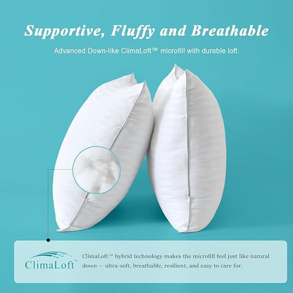 Bed Pillows Queen Size Set of 2-100% Cotton Cover, Down Alternative Gel Polyfill Filled, Flat Soft Medium Adjustable Hotel-Style Pillow Inserts, 20x30 Inch
