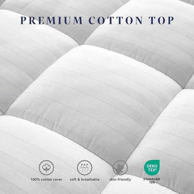 Full Size Thick Mattress Pad with 100% Cotton Cover - Naturally Skin-Friendly and Breathable, Unique Deep Pocket Design Up to 22" (54 x 75 Inches, White)