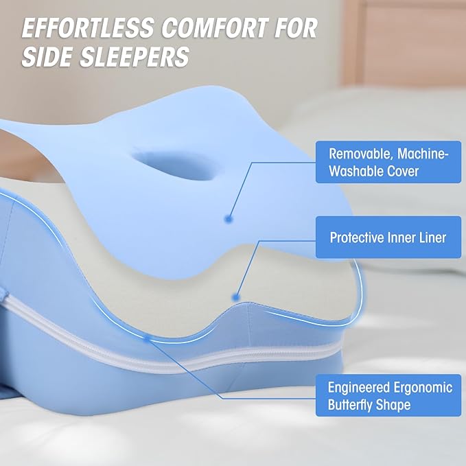 Knee Pillow for Side Sleepers & Sciatica Pain Relief, Memory Foam Leg Pillow for Side Sleeping with Detachable and Adjustable Strap, Two Covers, Blue& Grey, Gifts for Men and Women, One Pillow Only