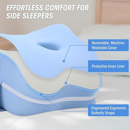 Knee Pillow for Side Sleepers & Sciatica Pain Relief, Memory Foam Leg Pillow for Side Sleeping with Detachable and Adjustable Strap, Two Covers, Blue& Grey, Gifts for Men and Women, One Pillow Only