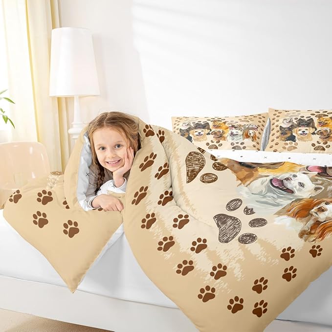 Castle Fairy Puppy Dogs Comforter Set Twin Size,Funny Cute Pet Dog Paw Print Bedding Set for Kids Boys Men,Vintage Watercolor Dogs Animal Quilted Duvet Set with 1 Pillowcase