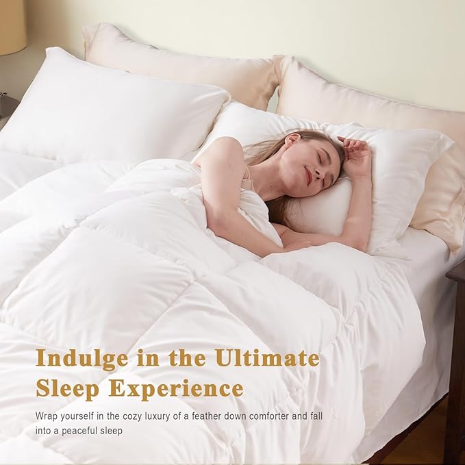 100% Organic Feather Down Comforter Oversized King, Luxury Extra-Fluffy Duvet Insert, All Season Bed Comforter with Ultra-Soft Organic Cotton Case (120x98 Inch, Ivory White)