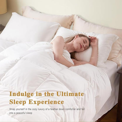 100% Organic Feather Down Comforter California King, Luxury Extra-Fluffy Duvet Insert, All Season Bed Comforter with Ultra-Soft Organic Cotton Case (104x96 Inch, Ivory White)