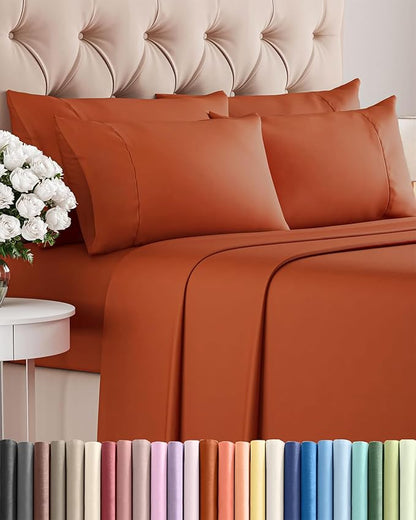 Cal King 6 Piece Sheet Set - Comfy Breathable & Cooling - Soft Hotel Luxury Bedding Set with 8-16 Inch Deep Pockets - 1 Flat & 1 Fitted Sheet & 4 Pillowcases - Wrinkle Free & Easy Care - Terracotta