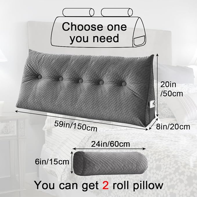Velvet Triangular Headboard Wedge Pillow With Roll Pillow,Removable Cover Headboard Pillow Daybed Bunk Bed,Backrest Positioning Support Pillow Resting Reading Relaxing (Grey, Queen(59 * 20 * 8in))