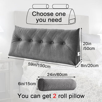 Velvet Triangular Headboard Wedge Pillow With Roll Pillow,Removable Cover Headboard Pillow Daybed Bunk Bed,Backrest Positioning Support Pillow Resting Reading Relaxing (Grey, Queen(59 * 20 * 8in))