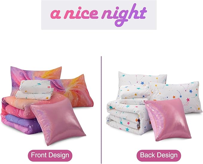 A Nice Night 6Pcs Gradient Glitter Whirling Bedding Set for Girls, Colorful Rainbow Swirling Galaxy Comforter Set, Ultra Soft Bedding Sets (Purple-Pink, Queen 6Pcs)