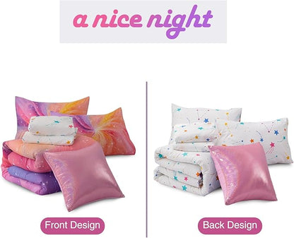 A Nice Night 6Pcs Gradient Glitter Whirling Bedding Set for Girls, Colorful Rainbow Swirling Galaxy Comforter Set, Ultra Soft Bedding Sets (Purple-Pink, Queen 6Pcs)