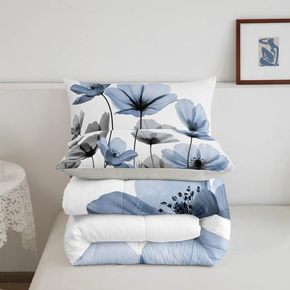 Erosebridal Blue Floral King Bedding Set,Blue and Gray Flower Comforter Set for Kids Girls Women,Vintage Flowers Quilt,Rustic Country Wildflower Bedroom Decor with 2 Pillowcases,Lightweight