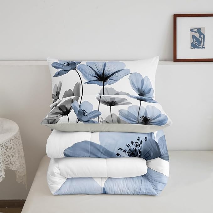 Erosebridal Blue Floral Toddler Bedding Set,Blue and Grey Flower Comforter Set for Kids Girls,Vintage Flowers Bed Set,Rustic Country Wildflower Room Decor with 1 Pillowcase,Lightweight