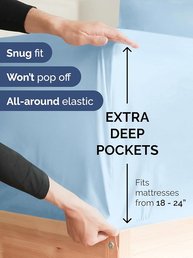 Extra Deep Queen Sheet Set - 6 Piece Breathable & Cooling Sheets - Hotel Luxury Bed Sheets Set - Easy & Secure Fit - Soft, Wrinkle Free & Comfy Sheets Set - Light Blue Sheet Set w/Extra Deep Pockets