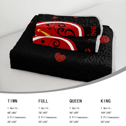 AILONEN Red & Black Quilt Set for Couples Lovers - Full King Crown Printed Bedspread Coverlet,His Hers Themmed Love Heart Quilted Bedding + 2 Pillowcases