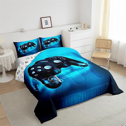 Feelyou Gamer Bedding Set for Boys Toddler Size Comforter Set Kids Gaming Comforter Blue Gamer Room Decor Video Game Gamepad Bed Set Teens Teenage Bedding Soft Warm 1 Comforter with 1 Pillowcases