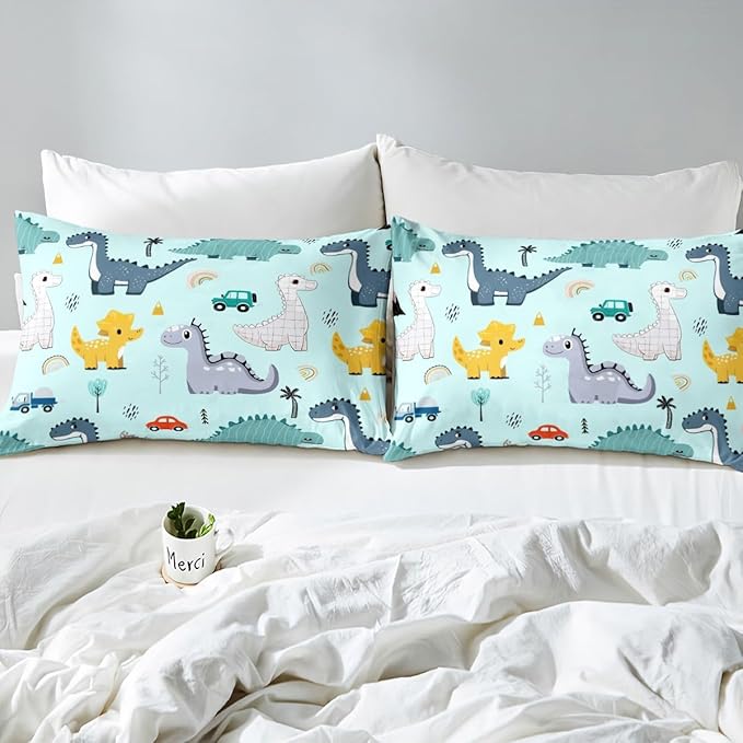 Cute Car Kids Bedding Set King Size for Teens,Cartoon Dinosaur Rainbow Sketch Blue Comforter Cover with 2 Pillowcases,Kawaii Dino Colorful Wild Animal Duvet Cover Set Microfiber Quilt Cover