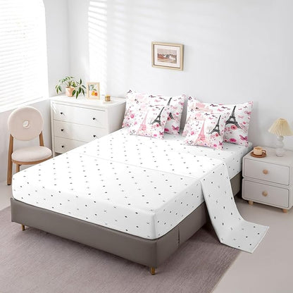 Feelyou Eiffel Tower Comforter Set with Sheets King Size Paris 7 Piece Bedding Set for Adult Boys Girls Teens Pink Flower and Butterfly Bed in a Bag Romantic Art Bed Set