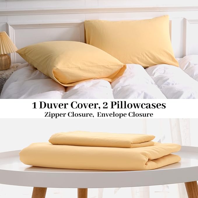 NEXHOME PRO Duvet Cover Set 100% Washed Cotton California Kingn 104"x98", Organic Natural Linen Look Textured 3 Pieces Bedding Set Apricot Yellow with Zipper Closure, Breathable Soft(No Comforter)
