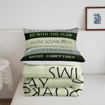 River Theme King Size Comforter Set,Kids Rustic Farmhouse Decor All Season Bedding Set,Teens Green Wood Panels Comforter,Go Fishing Decor Quilt Set Bedroom Collection 3Pcs