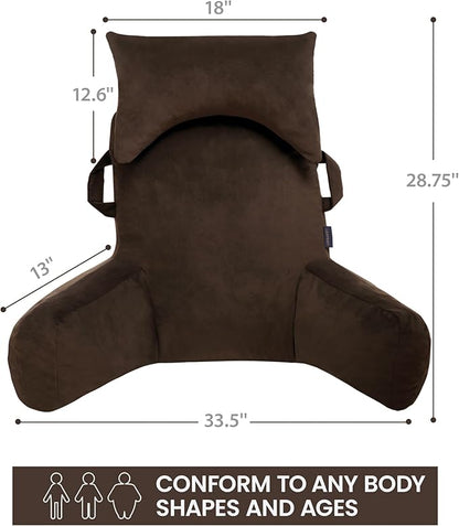 Portable Reading Pillows with Headrest for Bed Sitting Up(Brown Oeko-Tex), Velvet Back Pillow with Arms & Pockets for Adults, Support Memory Foam Bed Pillow for Dorm/Reading/Watching/Gaming