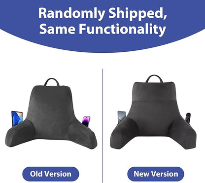 Back Pillow for Bed Sitting up, Reading Pillow for Sitting in Bed Adult, Back Support Pillow, Memory Foam Sit up Lounge Backrest Pillow with Arms for TV, Couch, Chair, Dorm, 18 Inch, Grey