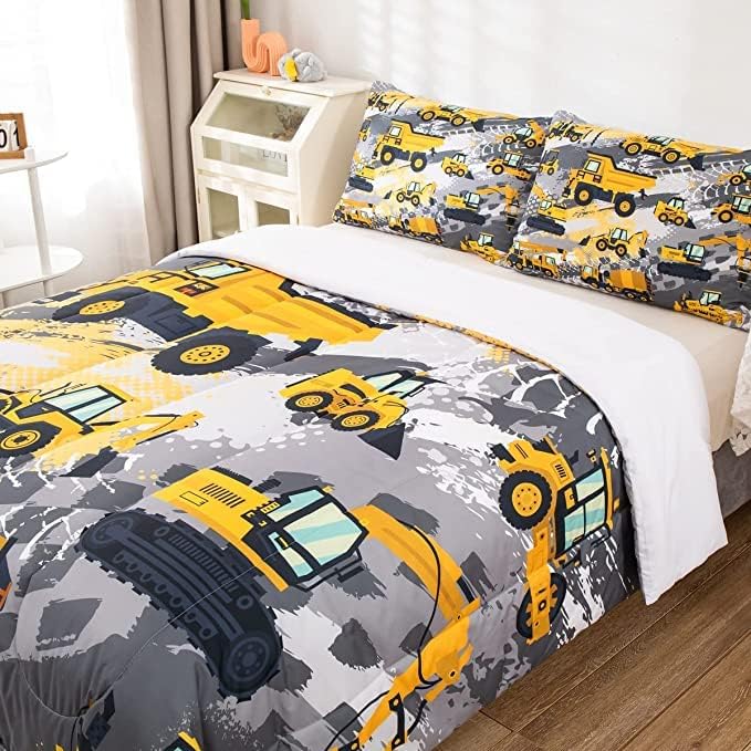 Feelyou Boys Cartoon Car Bedding Set Kids Construction Vehicles Comforter for Kids Children Cartoon Machinery Truck Comforter Set Construction Site Cars Duvet Set King Size 3Pcs, Multi 53