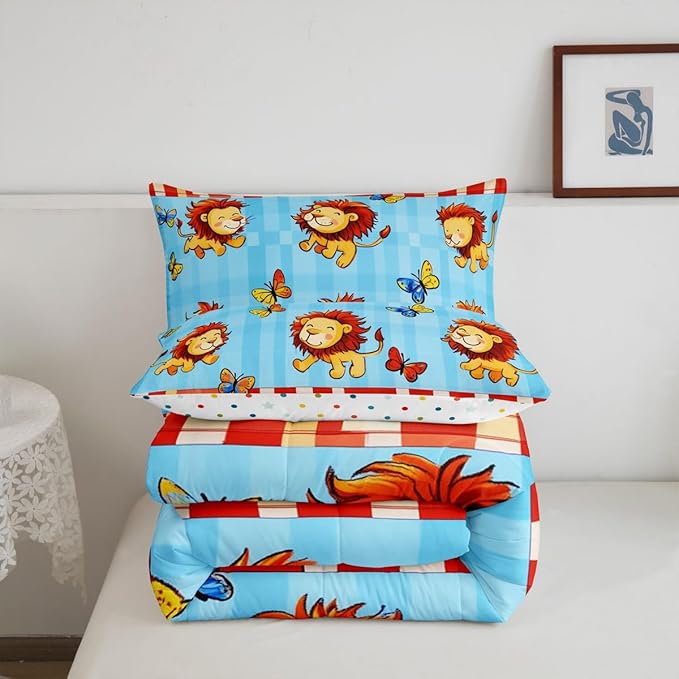 Cartoon Lion Comforter Set Full Size Cute Butterfly Bedding Set Bedroom Decor Tropical Jungle Animal Quilt Set for Kids Boys Girls Watercolor Geometric Grid Duvet Insert 3Pcs