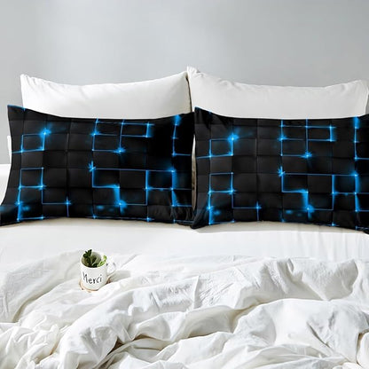 Castle Fairy Geometric Duvet Cover Set Full Size, 3D Modern Abstract Square Grid Quilt Cover with 2 Pillowcases, Blue and Black Neon Light Line Themed Soft Bedding Set for Boys Teens Room Decor