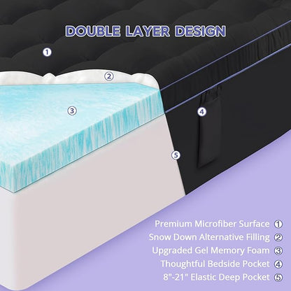 ABENE 3 Inch Dual Layer Memory Foam Mattress Topper Twin, 2 Inch Memory Foam Plus 1 Inch Down Alternative Pillowtop Mattress Pad, with Bedside Pocket, Support for Back Pain (Twin, Black)