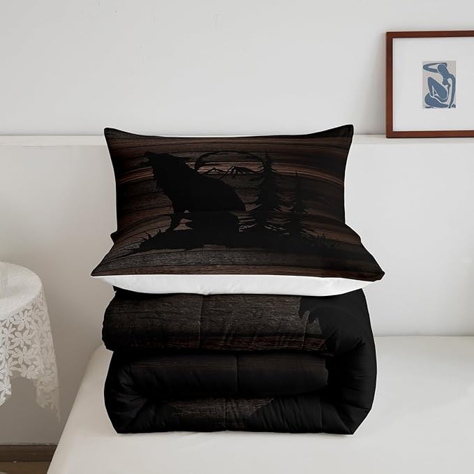 Feelyou Cute Wolf Comforter Set for Girls Kids Wolves Howling Bedding Set Room DecorAnimal Wolves Tree Wood Grain Bedding Set Brown Black Duvet Set 3Pcs with 2 Pillow Case King Size Boys