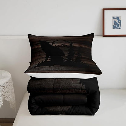 Feelyou Cute Wolf Comforter Set for Girls Kids Wolves Howling Bedding Set Room DecorAnimal Wolves Tree Wood Grain Bedding Set Brown Black Duvet Set 3Pcs with 2 Pillow Case Queen Size Boys