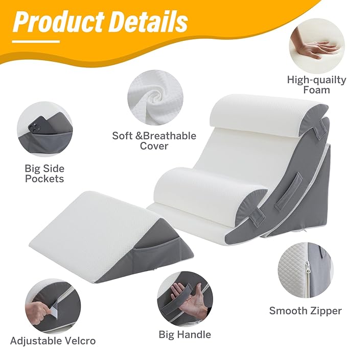 Wedge Pillow Set for After Surgery – 5PCS Orthopedic Bed Wedge Pillow Set for Sleeping, Body, Back and Leg Pain Relief Comfortable & Adjustable Support Pillows-Anti Snoring (White)
