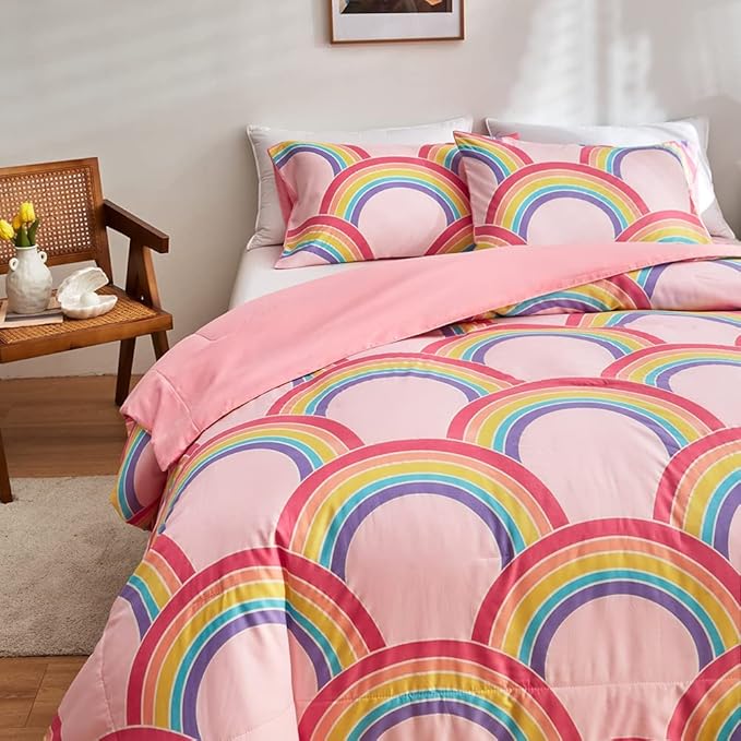 Feelyou Rainbow Glow in The Dark Comforter Set for Girls Kids Twin Pink Rainbow Bedding Set Super Soft Colorful Stripe Mermaid Scales Comforter Baby Girl Bedroom Pink Decor Bedding Quilted Duvet