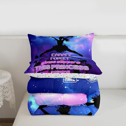 Cheerleading Comforter Set Full,Girls Dance Gymnastics Lovers Bedding Set for Kids Teens Woman Room Decor,Purple Glitter Watercolor Quilt Set Gymnast Sports Duvet Insert 3pcs,2 Pillowcases