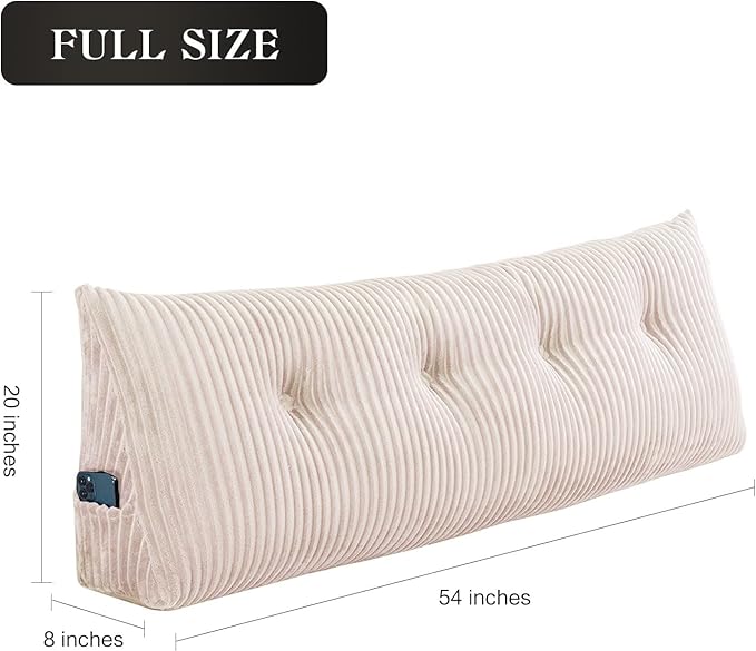 SLIGUY Large Headboard Pillow, Headboard Wedge Pillow Bed Rest Reading Pillow Bolster Triangular for Sitting in Bed-Backrest Positioning Support Long Pillow for Daybed (Full: 54x8x20 Inches,Beige)