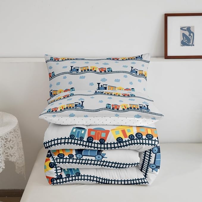 Erosebridal Train Bedding Sets Navy Locomotive Train Comforter Set Full,Cartoon Steam Engine Down Comforter for Kids Toddler Cute Clouds Transportation Cars Duvet Insert with 2 Pillowcases
