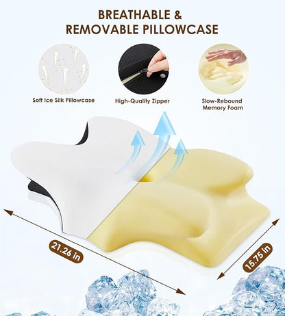 Cervical Neck Pillow for Pain Relief, Ergonomic Memory Foam Pillows for Sleeping with Washable Pillowcase & 2 Height Options, Cooling Contour Neck Support Pillow for Back Stomach Side Sleepers