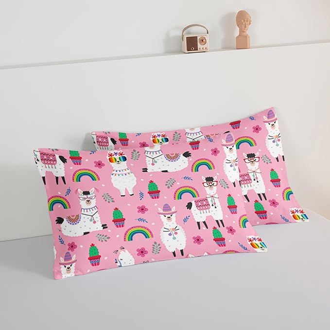 HOSIMA Kids Girls Pink Comforter with 2 Pillowcases,Cute Llama Alpaca Full Size Bed in a Bag Animal Bedding Sets for Room Decor,Rainbow Cactus Flower Toddler Comforter Kawaii Bedding.