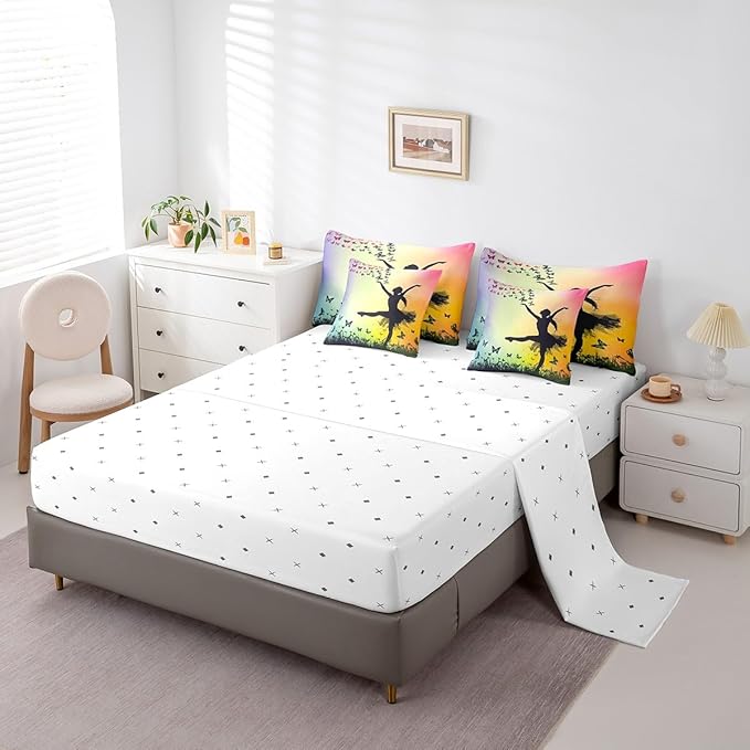 Feelyou Ballet 7 Piece Bedding Set Full Size Cute Ballet Comforter Set with Sheets for Kids Teens Toddler Dancing Girl Bed in a Bag Butterfly Bed Set
