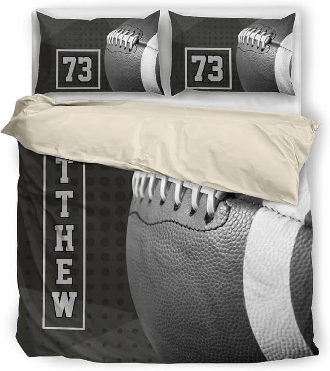 Personalized American Football Bedding Set, Kids 3 Piece Duvet Cover Set with Pillow Shams for Teens Boys, NO Comforter, Twin Size for Rugby Lovers (Football 08)