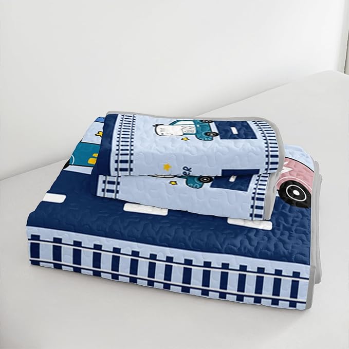 QOOMO Cartoon Car Quilt Set Full/Queen Size,Dinosaur Bedspread Coverlet Set,Vehicle 3Pcs Bedding Set Printed Quilt with 2 Pillowcases,Soft and Lightweight,for All Seasons