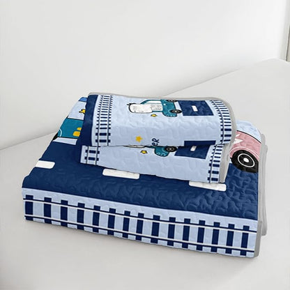 QOOMO Cartoon Car Quilt Set Full/Queen Size,Dinosaur Bedspread Coverlet Set,Vehicle 3Pcs Bedding Set Printed Quilt with 2 Pillowcases,Soft and Lightweight,for All Seasons