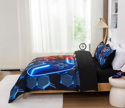 NTBED 3D Gaming Comforter Set for Boys Kids Teens,5pcs Gamer Bedding Sets with Sheet,Game Console Bed in a Bag (Red Blue, Twin)