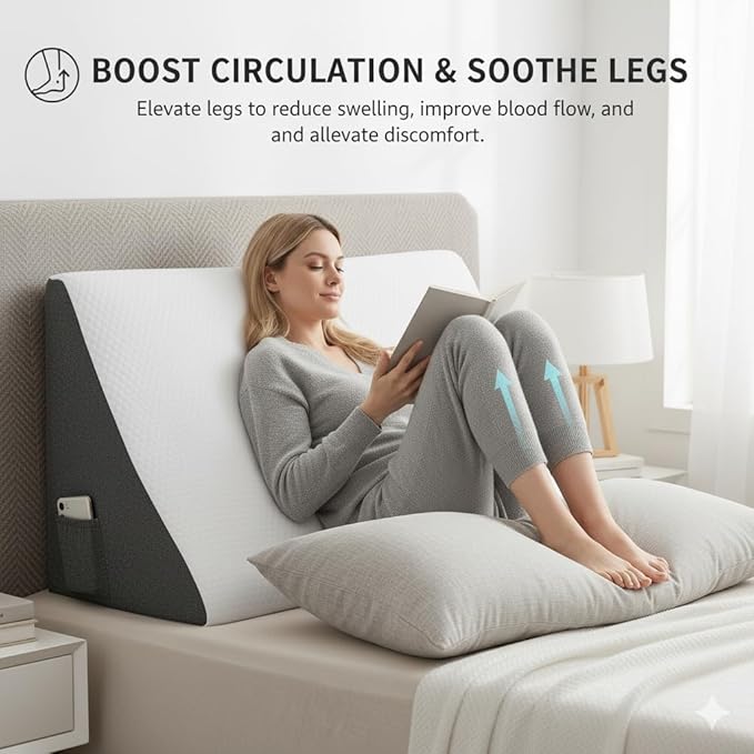 Wedge Pillow for Sleeping – Memory Foam Bed Wedge for Acid Reflux, Snoring, Back & Leg Elevation, Post-Surgery Recovery – Ergonomic Triangle Pillow with Removable White & Grey Washable Cover