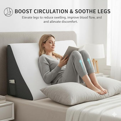 Wedge Pillow for Sleeping – Memory Foam Bed Wedge for Acid Reflux, Snoring, Back & Leg Elevation, Post-Surgery Recovery – Ergonomic Triangle Pillow with Removable White & Grey Washable Cover
